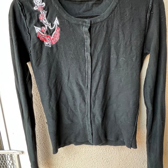 Lucky Thirteen Rockabilly Button-up CardiganSweater Embroidered Anchor L black - Picture 10 of 10